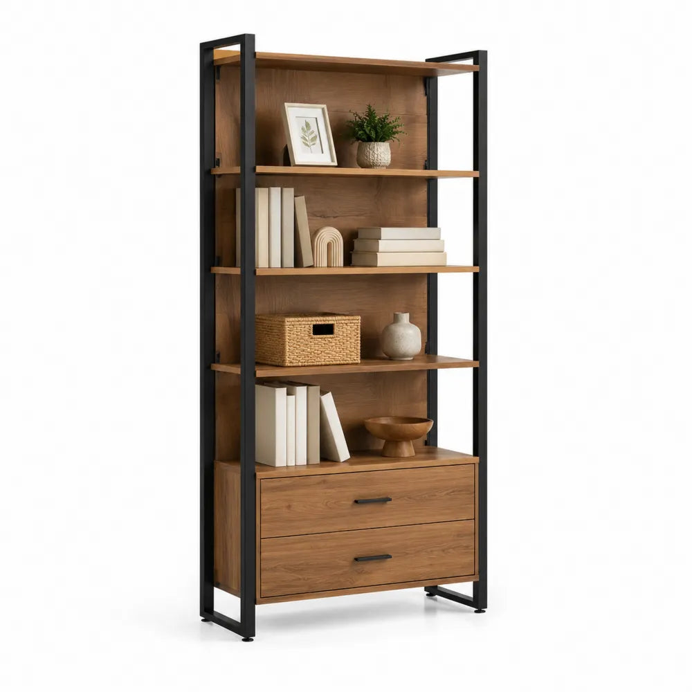 Bodenregal mit Schubladen MDF Stahlrahmen Holzdekor Braun Schwarz 80 cm x 35 cm x 180 cm
