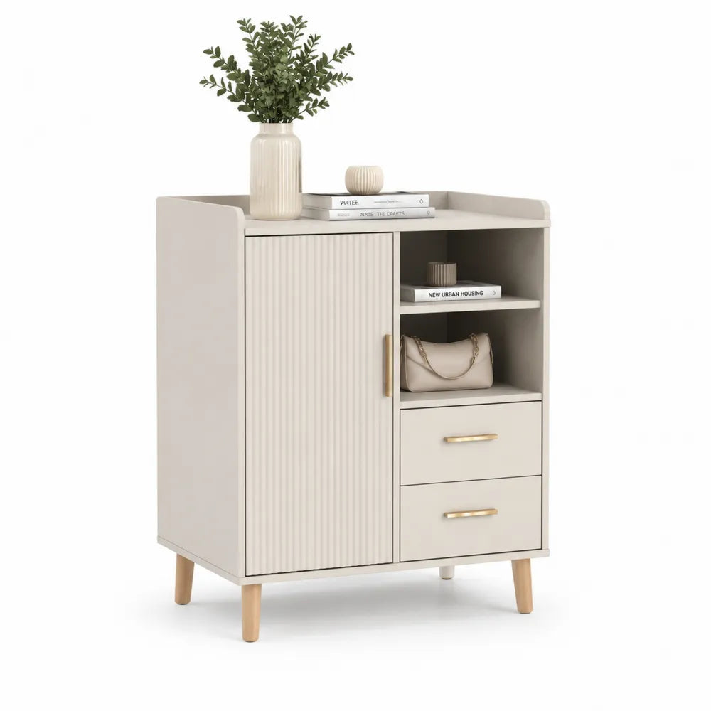 Flurschrank mit Türen Schubladen und Ablage MDF Holzdekor beige 80 x 35 x 120 cm