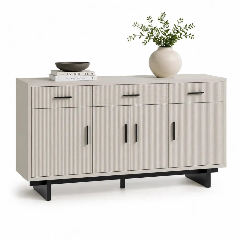 Sideboard mit Türen Schubladen geriffelter Front MDF Creme Weiß Schwarz 180 x 40 x 85 cm