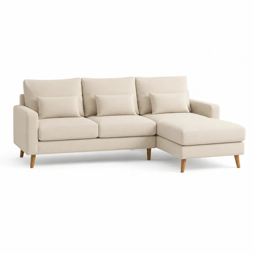 Ecksofa L Form Polyesterbezug Beige Holzfüße 280 x 160 x 85 cm