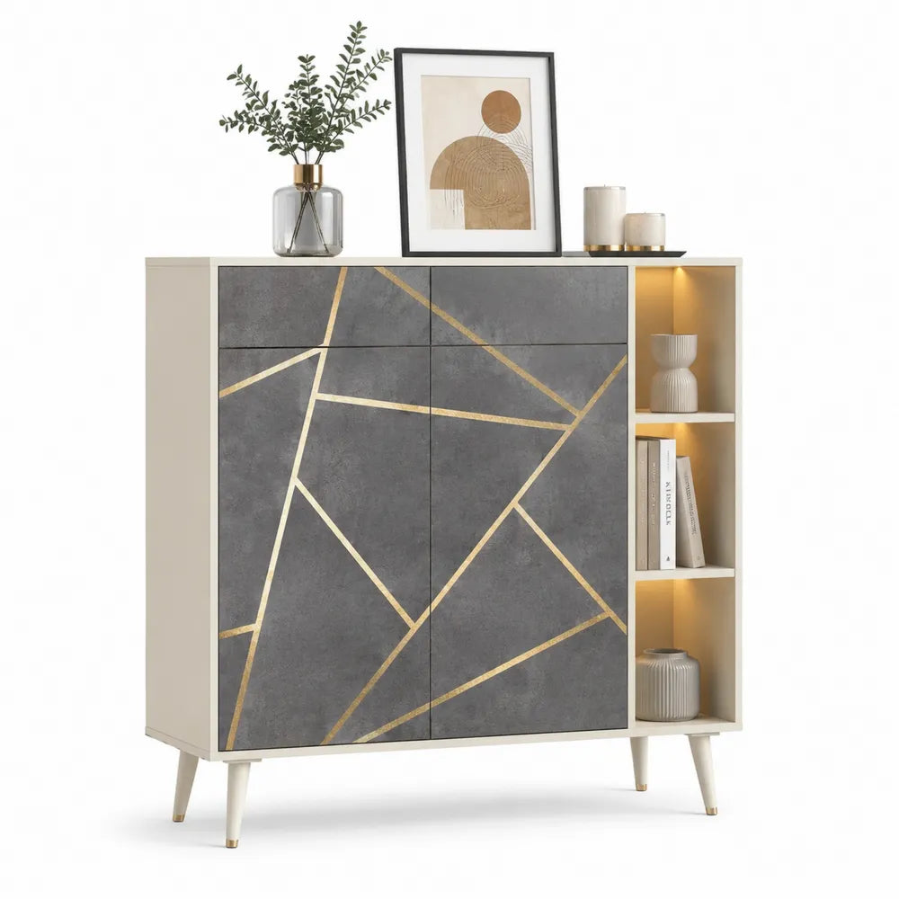 Highboard Esszimmer Schrank mit Türen offenen Fächern 120 x 40 x 140 cm MDF Weiß Grau Gold