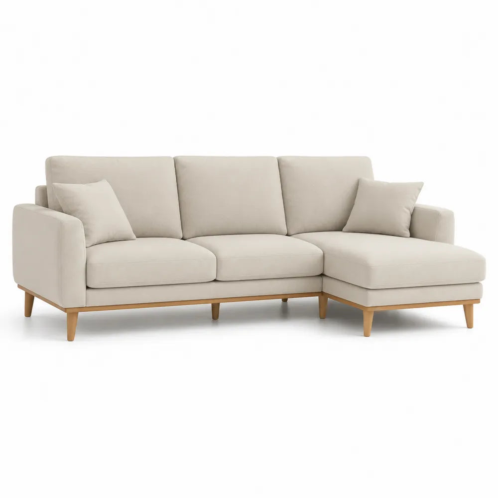 Ecksofa mit Ottomane 4 Sitzer Polyesterbezug Kiefernholzbeine Beige 280 x 160 x 85 cm