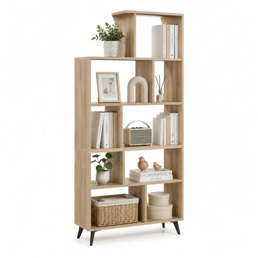 Bücherregal Standregal MDF mit 10 Fächern Natur Schwarz 80 x 30 x 180 cm
