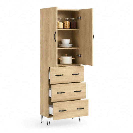 Highboard Schrank MDF mit Türen Schubladen Holzdekor Natur Braun Schwarz 80 x 40 x 180 cm