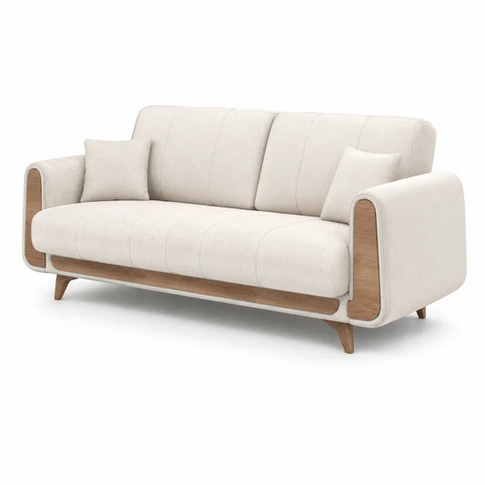 Sofa 3 Sitzer 220x90x85 cm Polstersofa mit Polyesterbezug Holzdetails und Kiefernholzbeinen Beige