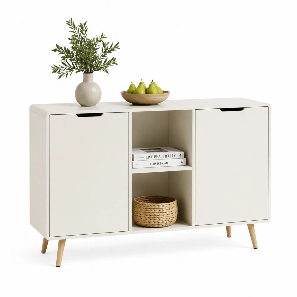 Sideboard mit Türen offenen Fächern MDF Holzbeinen Rechteckig Weiß Natur 160 x 40 x 80 cm