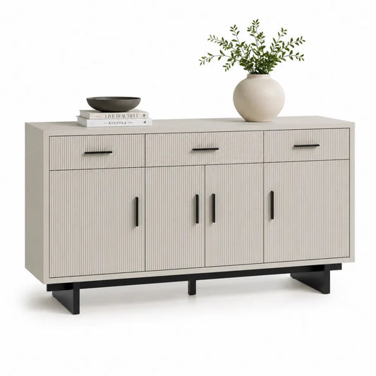 Sideboard mit Türen Schubladen geriffelter Front MDF Creme Weiß Schwarz 180 x 40 x 85 cm