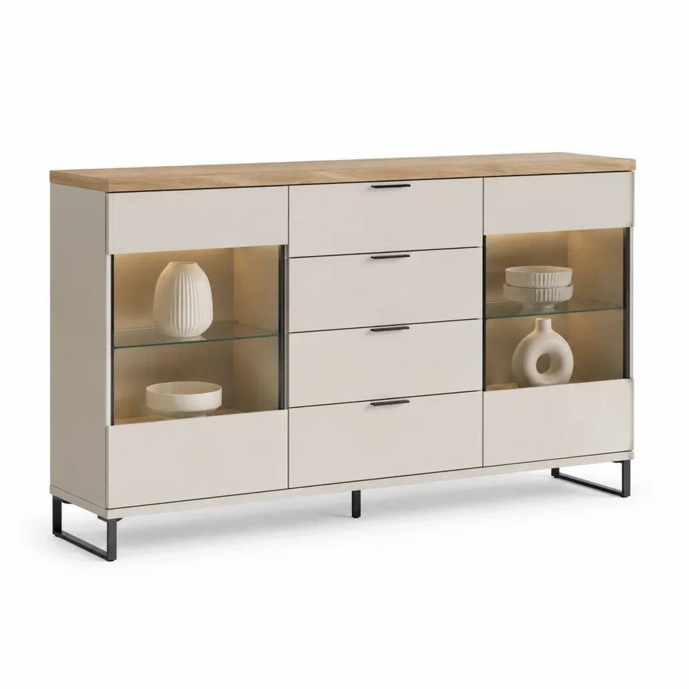 Sideboard Esszimmer Schrank mit Schubladen Glastüren 200 x 40 x 85 cm MDF Weiß Schwarz