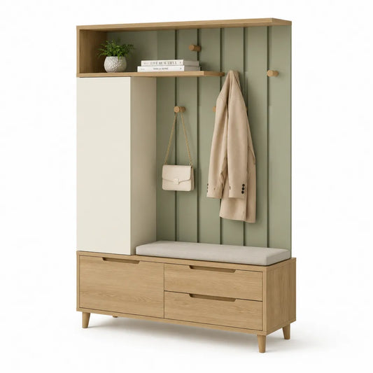 Flurschrank mit Sitzbank Garderobe Schubladen Türen MDF Holzoptik Grün Beige 120 x 40 x 180 cm