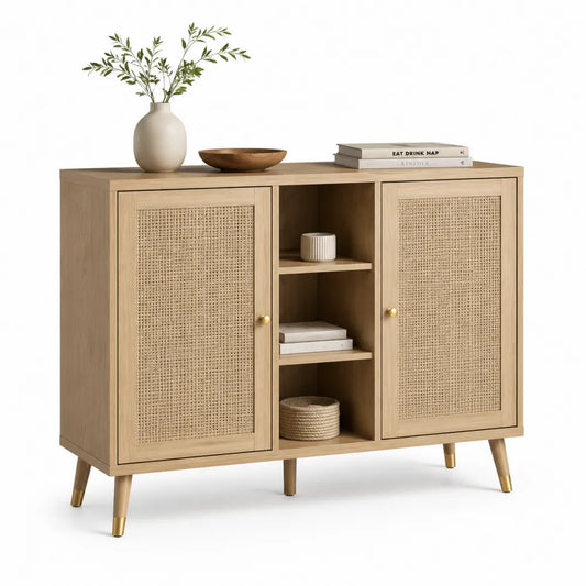 Sideboard Esszimmer Schrank 2 Türen offene Fächer 150 x 40 x 85 cm MDF Eichefarben mit Rattanoptik Front und Metallbeinen