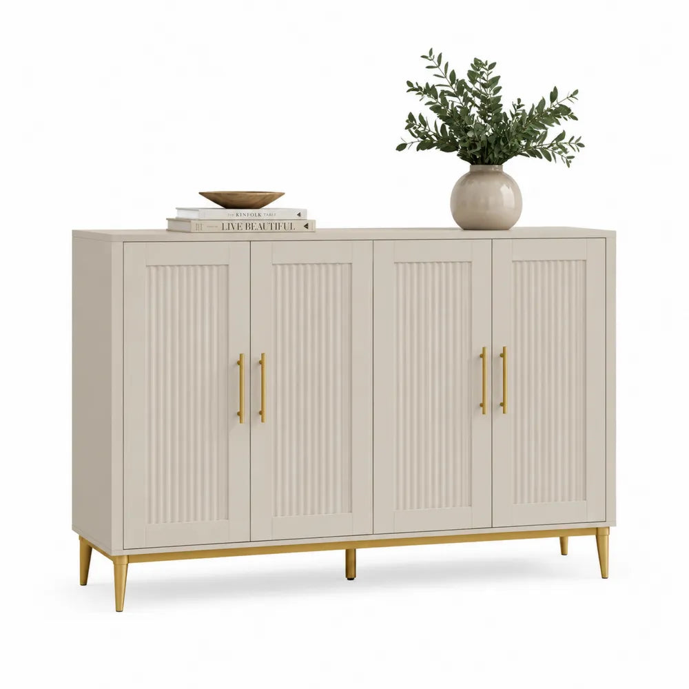 Sideboard mit Türen MDF geriffelter Front Weiß Gold 200 x 40 x 85 cm