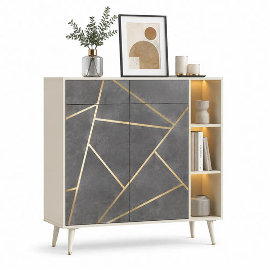 Highboard Esszimmer Schrank mit Türen offenen Fächern 120 x 40 x 140 cm MDF Weiß Grau Gold